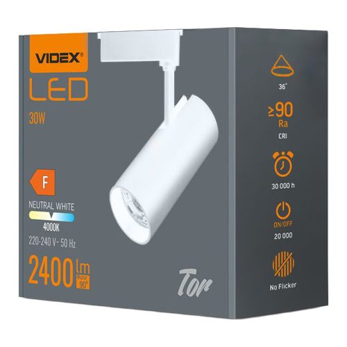 Sínre szerelhető LED spotlámpa 30W 4000K 2400lm 90CRI 36° Állítható fehér Videx