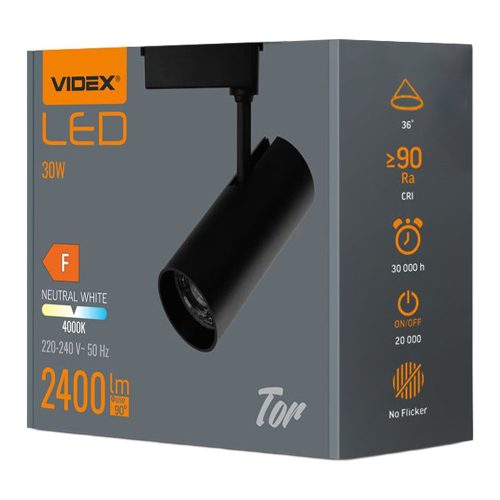 Sínre szerelhető LED spotlámpa 30W 4000K 2400lm 90CRI 36° Állítható fekete Videx