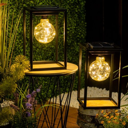 LED-es napelemes lámpa kültéri kerti álló függőlámpás 3000K IP44 26cm-es szürkületérzékelő