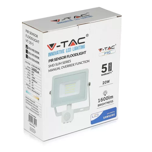 LED reflektor 20W 1600lm 3000K IP65 Fehér mozgásérzékelővel és CUT-OFF funkcióval Samsung Chip VT-20-SW V-TAC