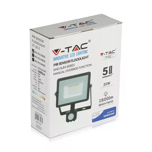LED reflektor 20W 1600lm 6400K IP65 Fekete mozgásérzékelővel és CUT-OFF funkcióval Samsung Chip VT-20-SB V-TAC