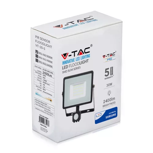 LED reflektor 30W 2400lm 3000K IP65 Fekete mozgásérzékelővel és CUT-OFF funkcióval Samsung Chip VT-30-SB V-TAC