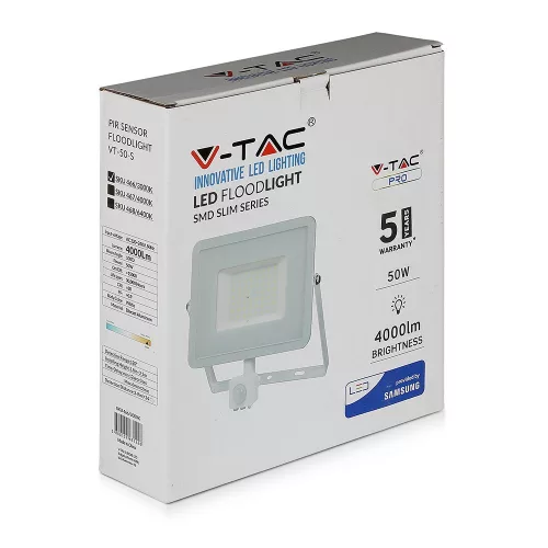 LED reflektor 50W 4000lm 3000K IP65 Fehér mozgásérzékelővel és CUT-OFF funkcióval Samsung Chip VT-50-SW V-TAC