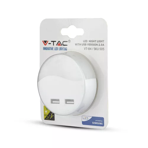 Tájoló lámpa LED éjszakai lámpa 0,45W 3000K Alkonyat érzékelővel és USB porttal Kerek Fehér Samsung Chip VT-84 V-TAC