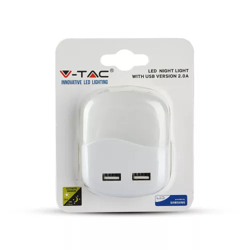 Tájoló lámpa LED éjszakai lámpa 0,45W 4000K szürkületérzékelővel és USB porttal Négyzetes Fehér Samsung Chip VT-84 V-TAC