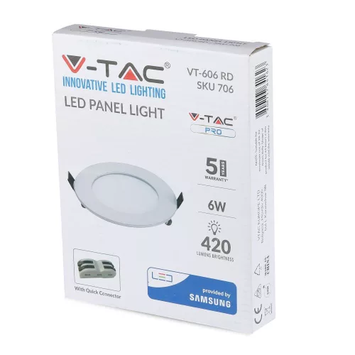 Süllyesztett LED panel 6W 6400K PREMIUM kerek SAMSUNG CHIP FLICKER FREE VT-606RD V-TAC 5 év garancia