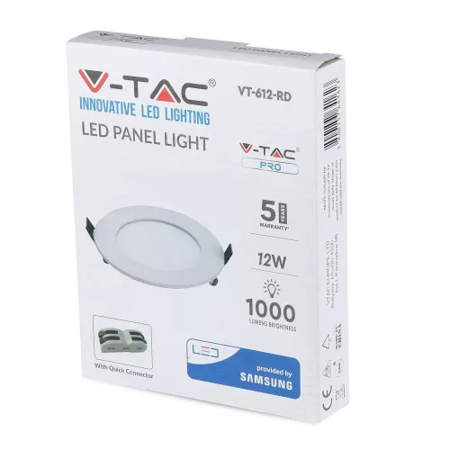 Süllyesztett LED panel 12W 6400K PREMIUM kerek SAMSUNG CHIP FLICKER FREE VT-612RD V-TAC 5 év garancia