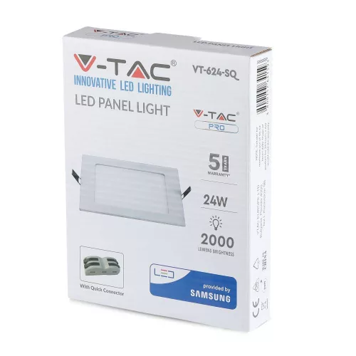 Süllyesztett LED panel 24W 3000K PREMIUM Square SAMSUNG CHIP VT-624SQ V-TAC 5 év garancia