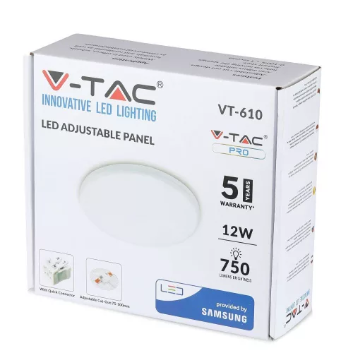 Süllyesztett LED panel 12W 3000K kerek SAMSUNG CHIP VT-610RD V-TAC 5 év garancia