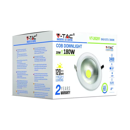 LED spot Süllyesztett lámpatest 20W 3000K Fix COB VT-26201 V-TAC