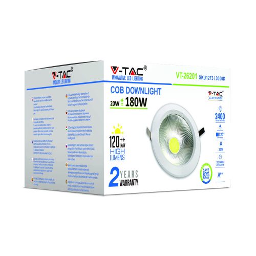 Süllyesztett LED Spot lámpatest 20W 6400K Fix COB VT-26201 V-TAC