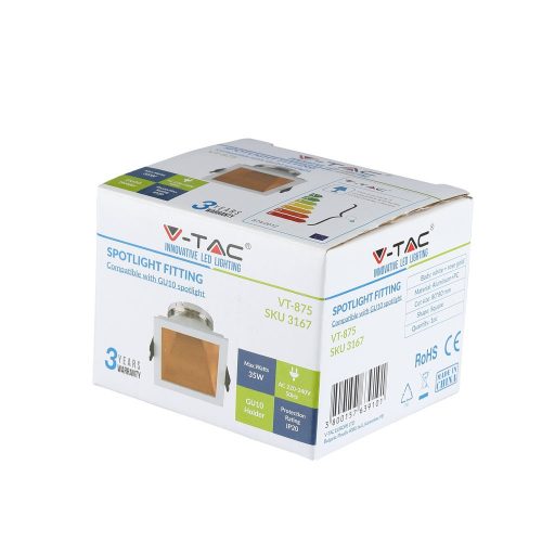 Süllyesztett mennyezeti lámpatest GU10 fűzőlyuk négyzet fehér/rózsa arany VT-875 V-TAC