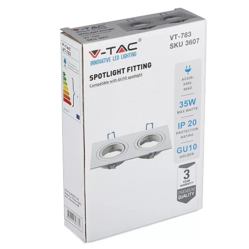 Süllyesztett mennyezeti lámpatest 2xGU10 Négyzet Fehér VT-783 V-TAC
