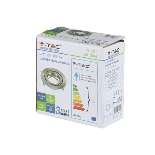 Mennyezeti lámpatest, süllyesztett rögzítés, GU10 fűzőlyuk, kerek, szatén nikkel, VT-775 V-TAC