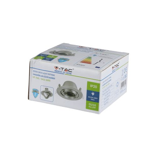 Mennyezeti lámpatest, süllyesztett rögzítés, GU10 lyuk, kerek, szatén nikkel, VT-700 V-TAC