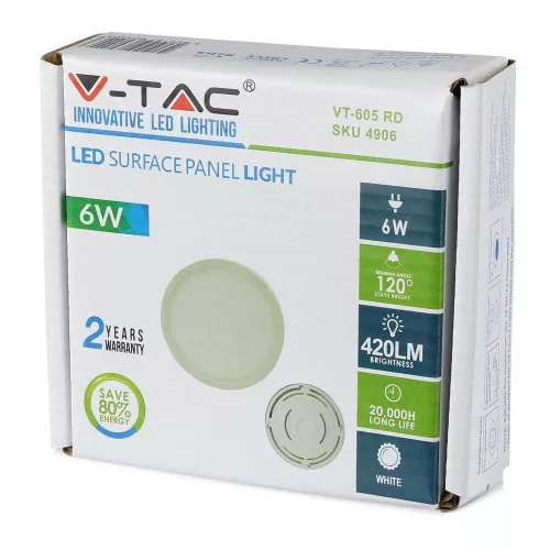 Felületre szerelt LED panel 6W 4000K Round FLICKER FREE VT-605 V-TAC