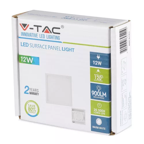 Felületre szerelt LED panel 12W 6400K Négyzet FLICKER FREE VT-1205 V-TAC
