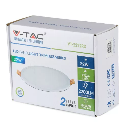 LED panel Süllyesztett süllyesztett 22W 6400K SLIM Round VT-2222 V-TAC