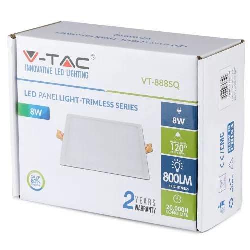 LED panel Süllyesztett 8W 3000K SLIM Négyzet VT-888 V-TAC