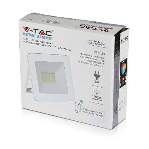 LED reflektor 20W CCT + RGB BLUETOOTH fehér VT-5020 V-TAC