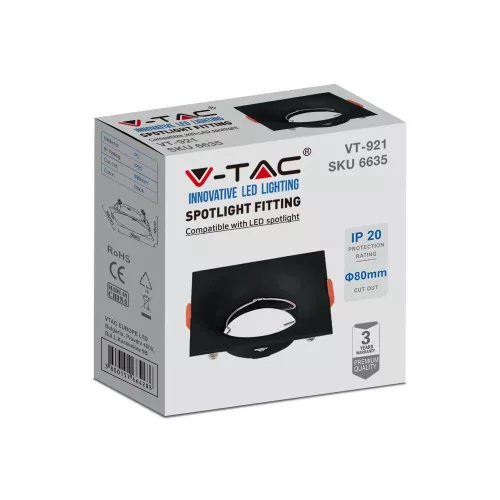 Mennyezeti lámpatest süllyesztett GU10 négyzet fekete VT-921 V-TAC