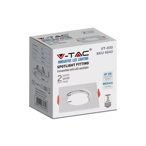 Mennyezeti lámpatest süllyesztett GU10 négyzet fehér 2 db VT-930 V-TAC