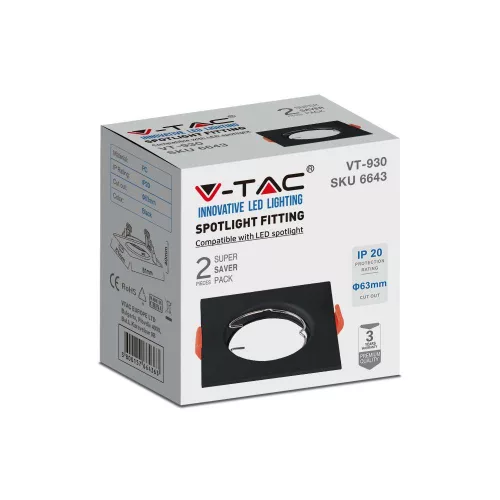 Mennyezeti lámpatest süllyesztett GU10 négyzet fekete 2 db VT-930 V-TAC