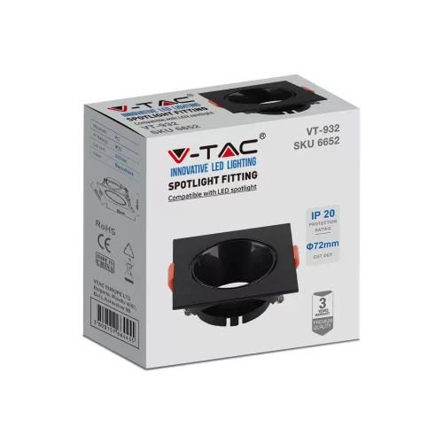 Süllyesztett mennyezeti lámpatest GU10 négyzet fekete/fekete VT-932 V-TAC