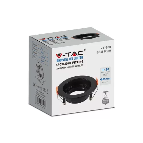 Mennyezeti lámpatest süllyesztett GU10 kerek fekete VT-934 V-TAC