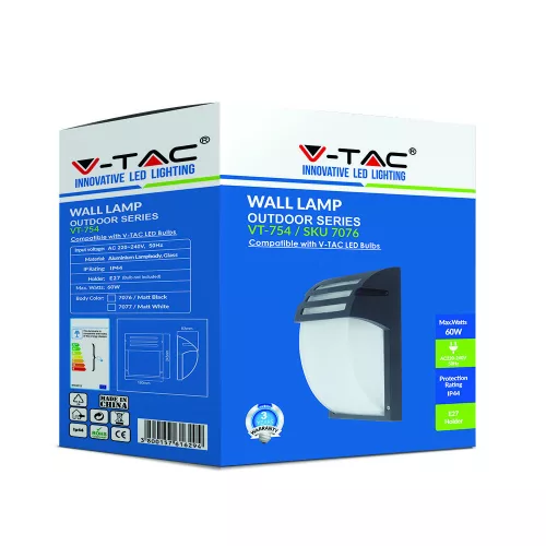 Garden Elevation fali lámpa E27 füstölt ernyővel, matt fekete VT-754 V-TAC