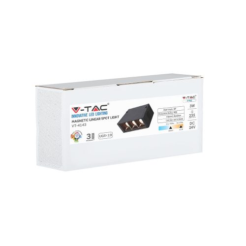 LED pályalámpa 3x1W 3000K fekete mágneses rendszer SMD IP20 24V VT-4143 V-TAC