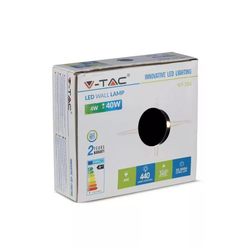 LED fali lámpa 4W 4000K IP65 4 világos fekete kerek VT-706 V-TAC