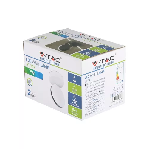 LED fali lámpa 7W 4000K IP65 360°-ban forgatható fehér VT-707 V-TAC