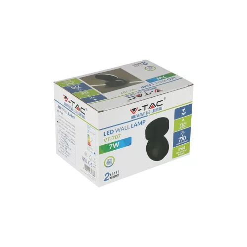LED oldalfali lámpa 7W 3000K IP65 360°-ban forgatható fekete VT-707 V-TAC