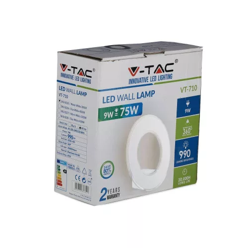 LED fali lámpa 9W 3000K IP20 Gyűrűs Fehér VT-710 V-TAC