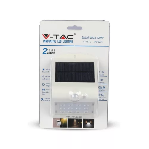 LED 1,5W napelemes fali lámpa 4000K mozgásérzékelővel fehér + fekete VT-767-2 V-TAC
