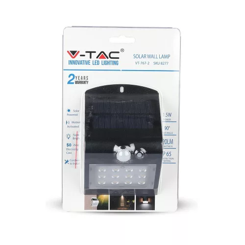 LED 1.5W napelemes fali lámpa 4000K mozgásérzékelővel fekete VT-767-7 V-TAC