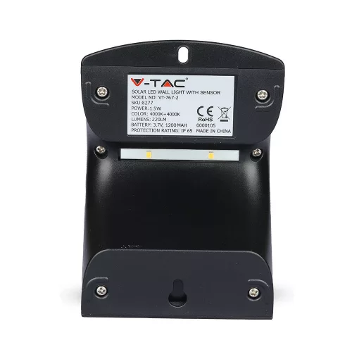 LED 1.5W napelemes fali lámpa 4000K mozgásérzékelővel fekete VT-767-7 V-TAC