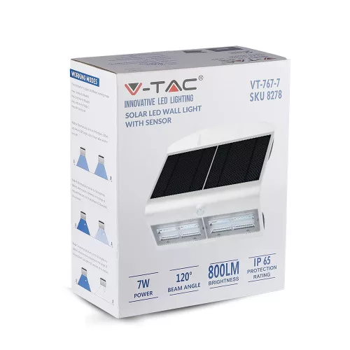 7W LED szolár oldalfali lámpa 4000K mozgásérzékelővel fehér + fekete VT-767-7 V-TAC