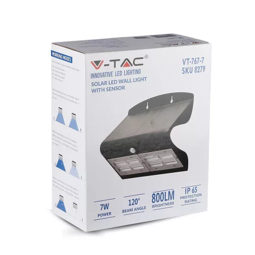 LED 7W napelemes fali lámpa 4000K mozgásérzékelővel fekete VT-767 V-TAC