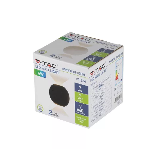 LED fali lámpa 6W 4000K IP65 felső/alsó gömb fekete VT-836 V-TAC