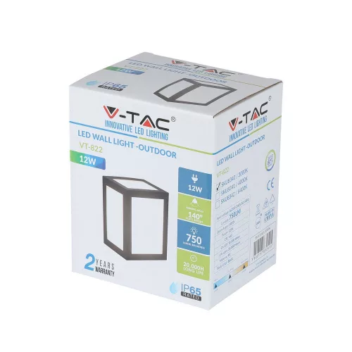 LED fali lámpa 12W 3000K IP65 Cube Black VT-822 V-TAC