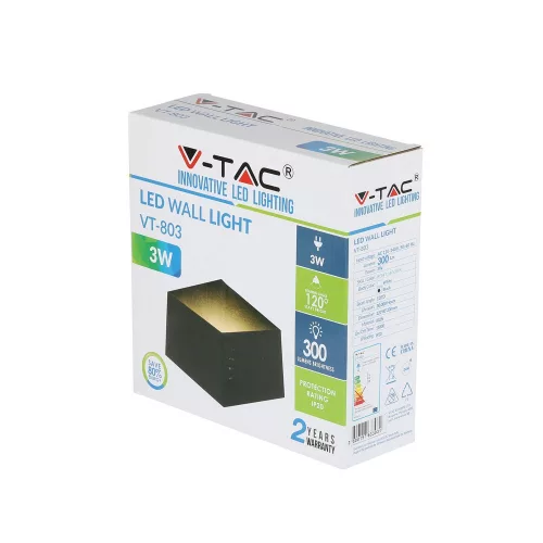 LED fali lámpa 3W 3000K IP20 Fekete VT-803 V-TAC