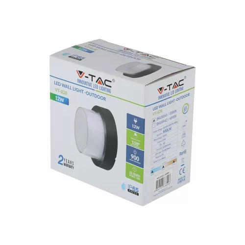 LED fali lámpa 12W 3000K IP65 fekete kerek VT-828 V-TAC