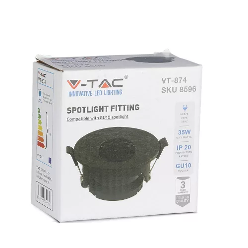 Süllyesztett mennyezeti lámpatest GU10 fűzőlyuk, kerek fekete VT-874 V-TAC