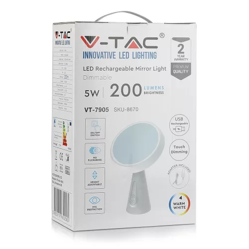 LED tükör asztali lámpa 5W 3000K újratölthető fehér VT-7905 V-TAC
