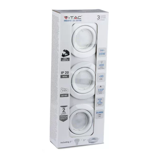 3x süllyesztett fehér lámpatest + GU10 LED izzó 5W 4000K VT-3333 V-TAC készlet