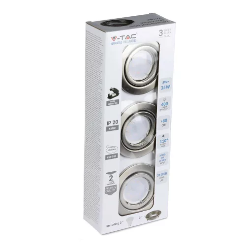 3x Süllyesztett süllyesztett lámpatest Satin Nickel + GU10 LED izzó 5W 3000K VT-4444 V-TAC
