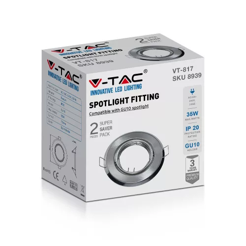 Mennyezeti lámpatest, süllyesztett rögzítés, GU10 fűzőlyuk, kerek, szatén nikkel, 2 db VT-817 V-TAC