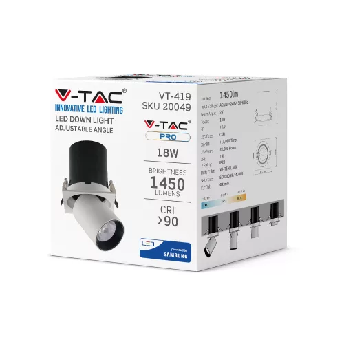 Süllyesztett LED spotlámpa 18W 4000K mozgatható - 5 év garancia VT-419 V-TAC